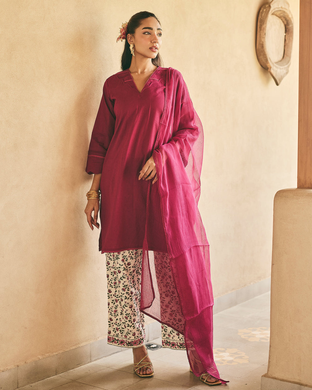 Gena Purple Cotton Printed Suit Set
