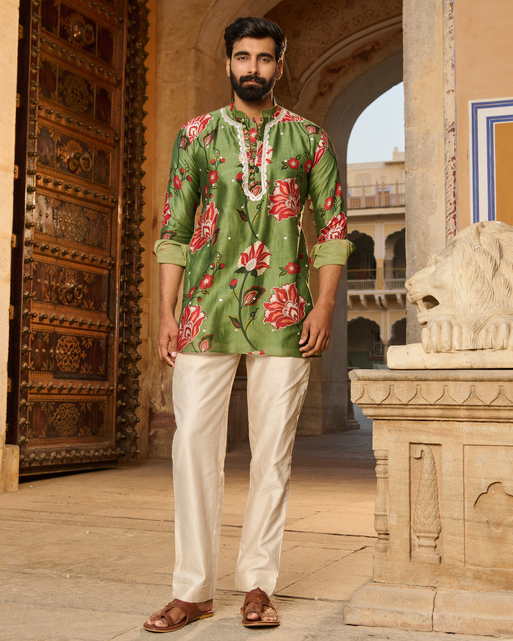 Ishaan Olive Printed Chanderi Kurta