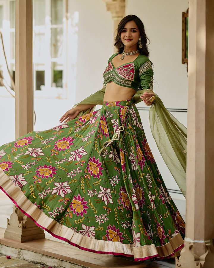 Zara Green Printed Satin Lehenga Set
