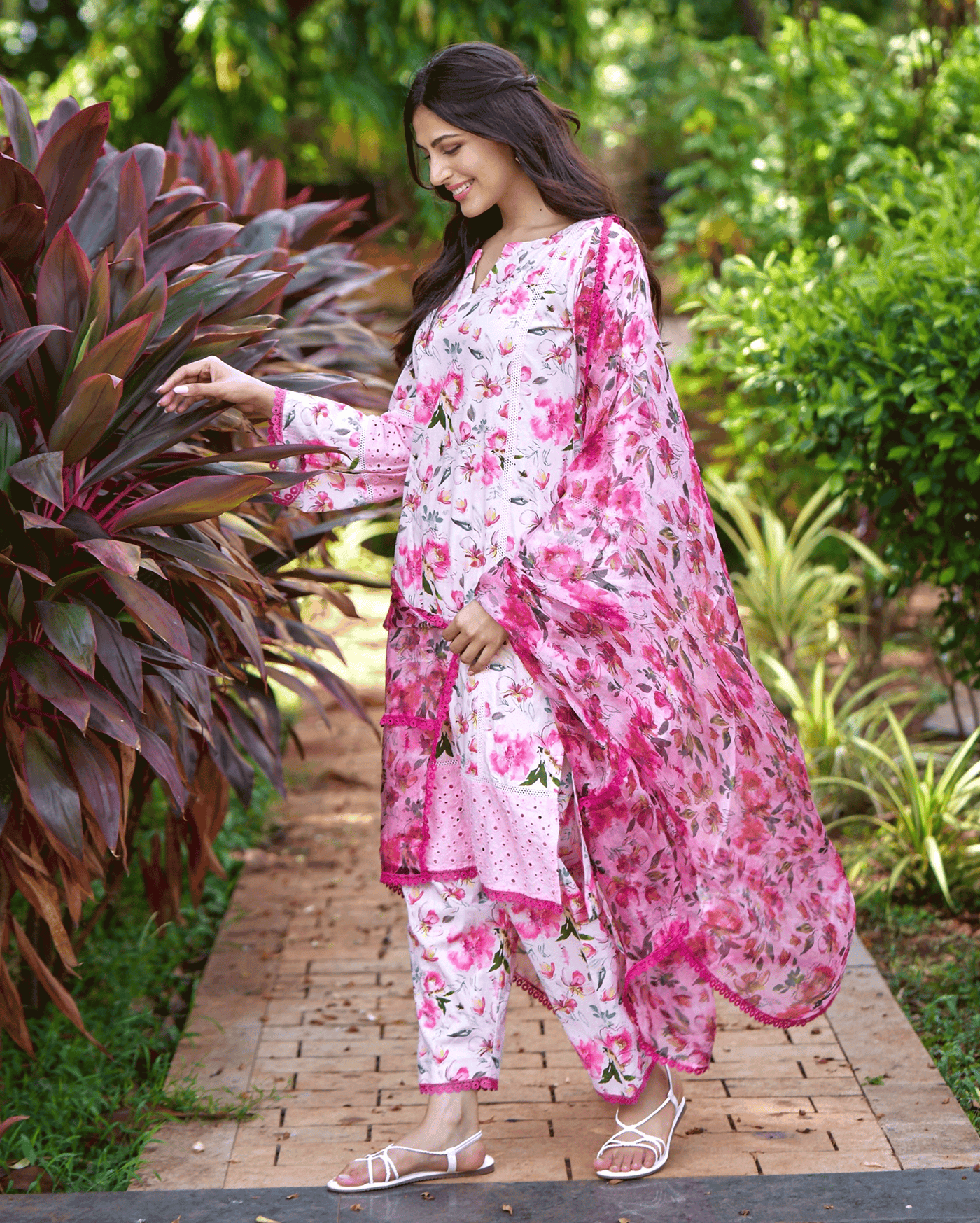 Plumeria Pink Printed Cotton Suit Set