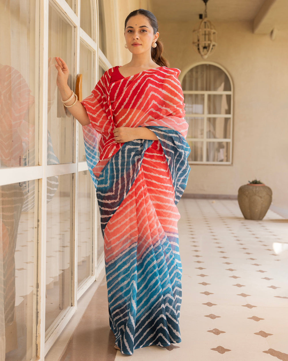 Kiran Red Blue Doria Leheriya Saree