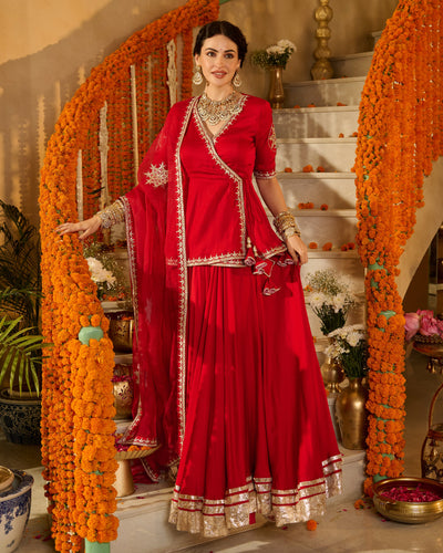 Mehka Red Solid Satin Lehenga Set