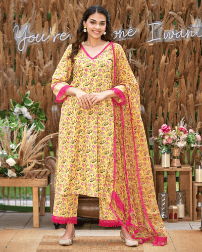 Flora Yellow Printed Cotton Suit Set