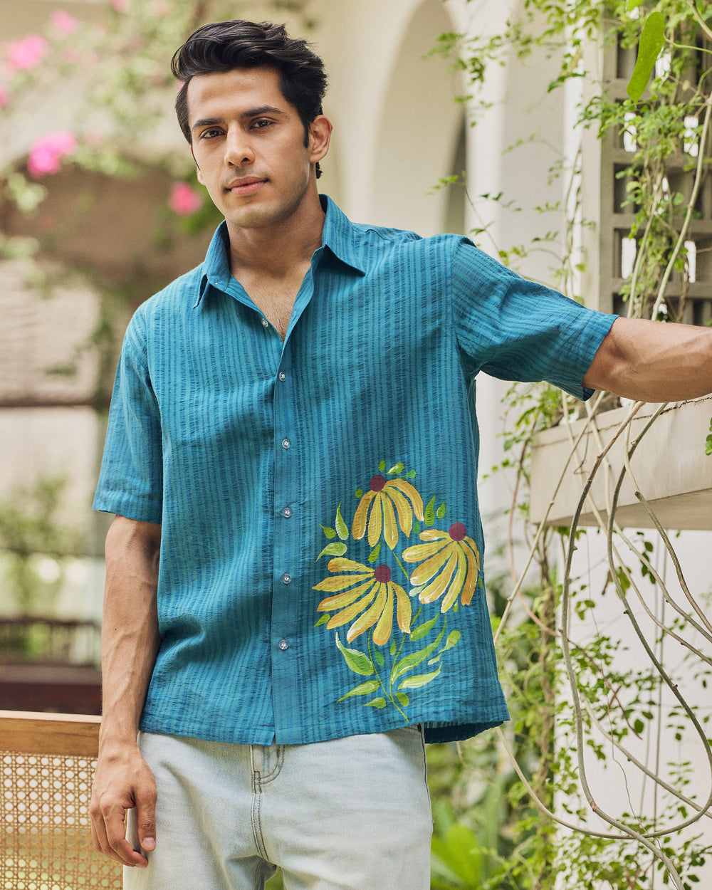 Mohan Teal Cotton Dobby Handpainted Shirt