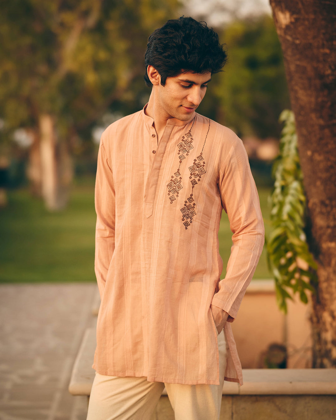 Brix Brown Cotton Dobby Embroidered Shirt