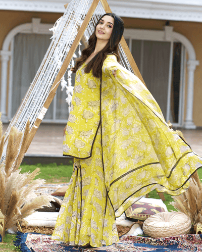 Emin Yellow Printed Georgette Sharara Set