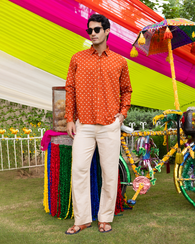 Sharvik Orange Bandhani Cotton Shirt