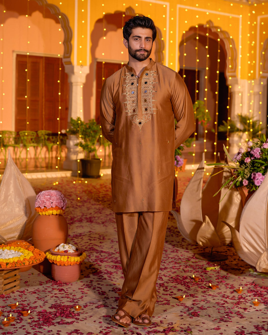 Divakar Brown Chanderi Embroidered Kurta