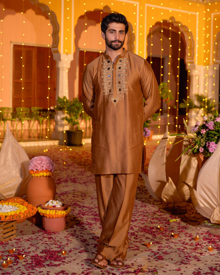 Divakar Brown Chanderi Embroidered Kurta