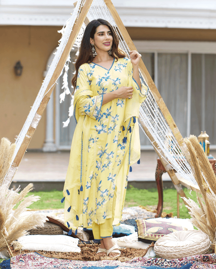 Shrinika Yellow Printed Silk Suit Set