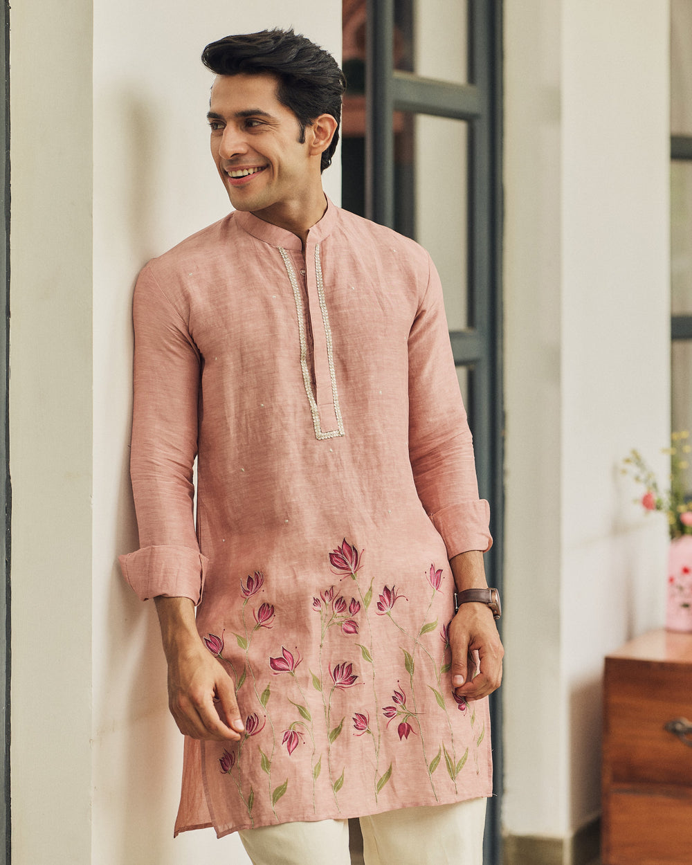 Rishan Peach Handpainted Silk Kurta