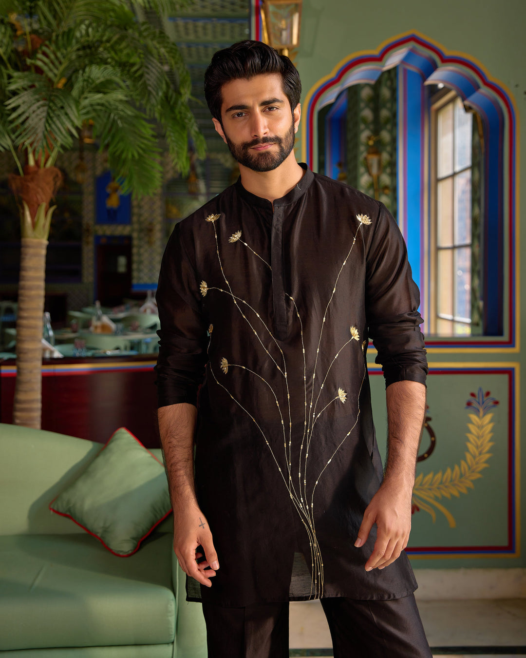 Shankar Black Chanderi Embroidered Kurta