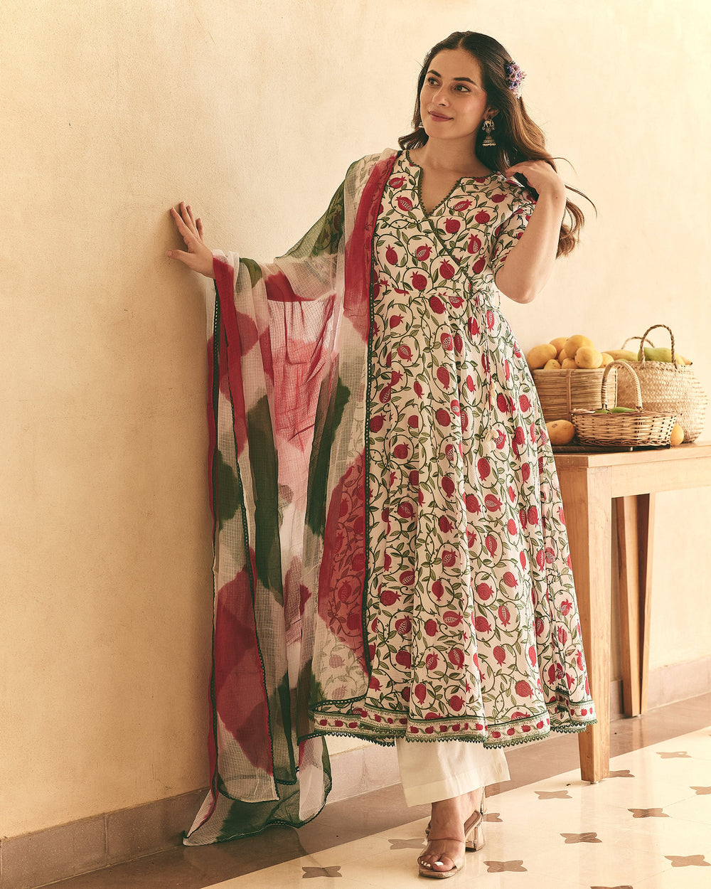 Yulia White Cotton Crush Printed Suit Set