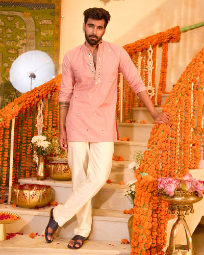 Manthan Peach Embroidered Chanderi Kurta