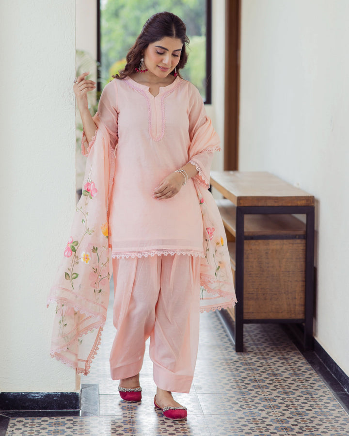 Milky Peach Handpainted Chanderi Suit Set
