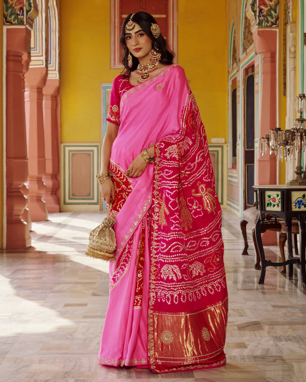Boond Pink Embroidered Kajol Bandhej Silk Saree