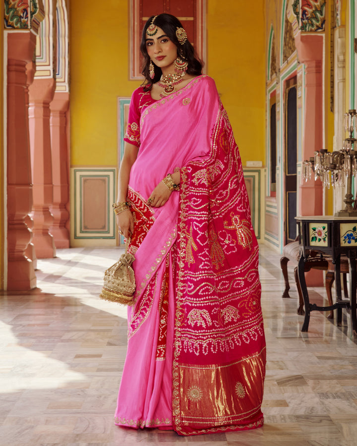 Boond Pink Embroidered Kajol Bandhej Silk Saree