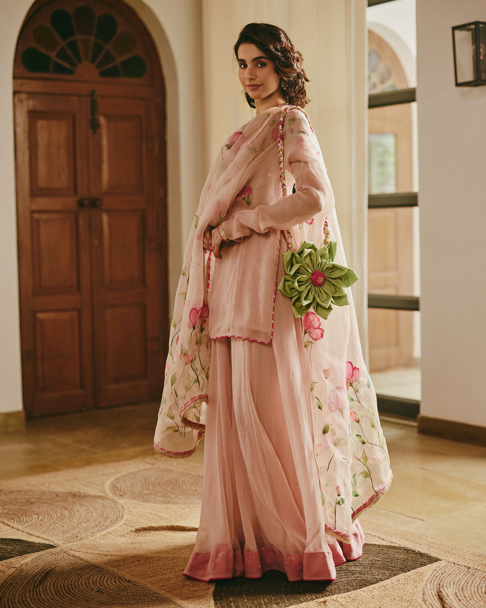 Sarthak Beige Handpainted Viscose Organza Suit Set