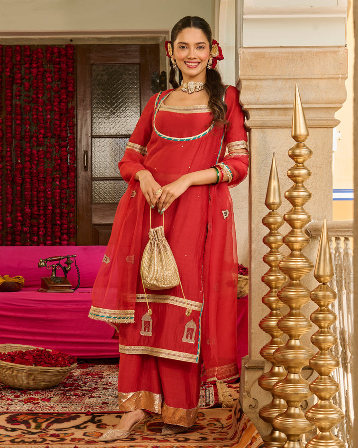 Rust Red Solid Chanderi Suit Set