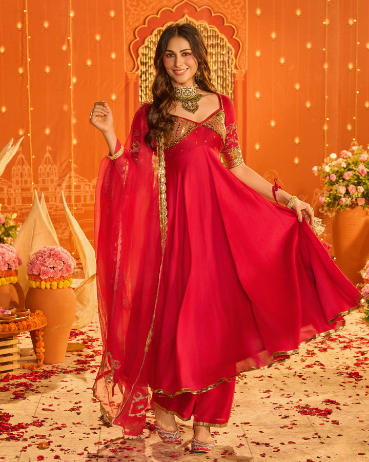 Kamalnayani Pink Embroidered Chanderi Aangi Suit Set