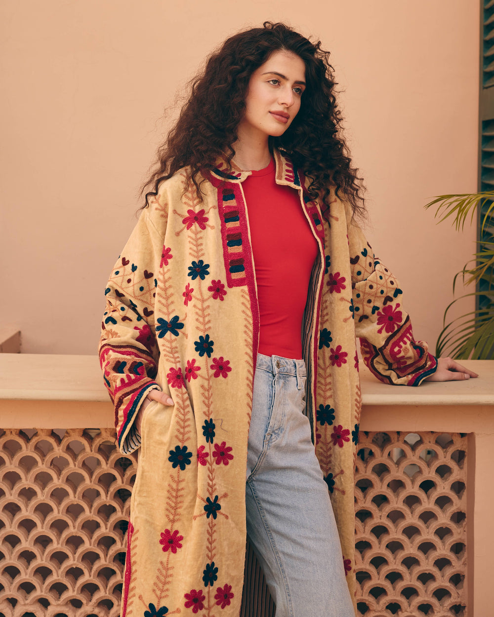 Ecriva Beige Velvet Suzani Jacket
