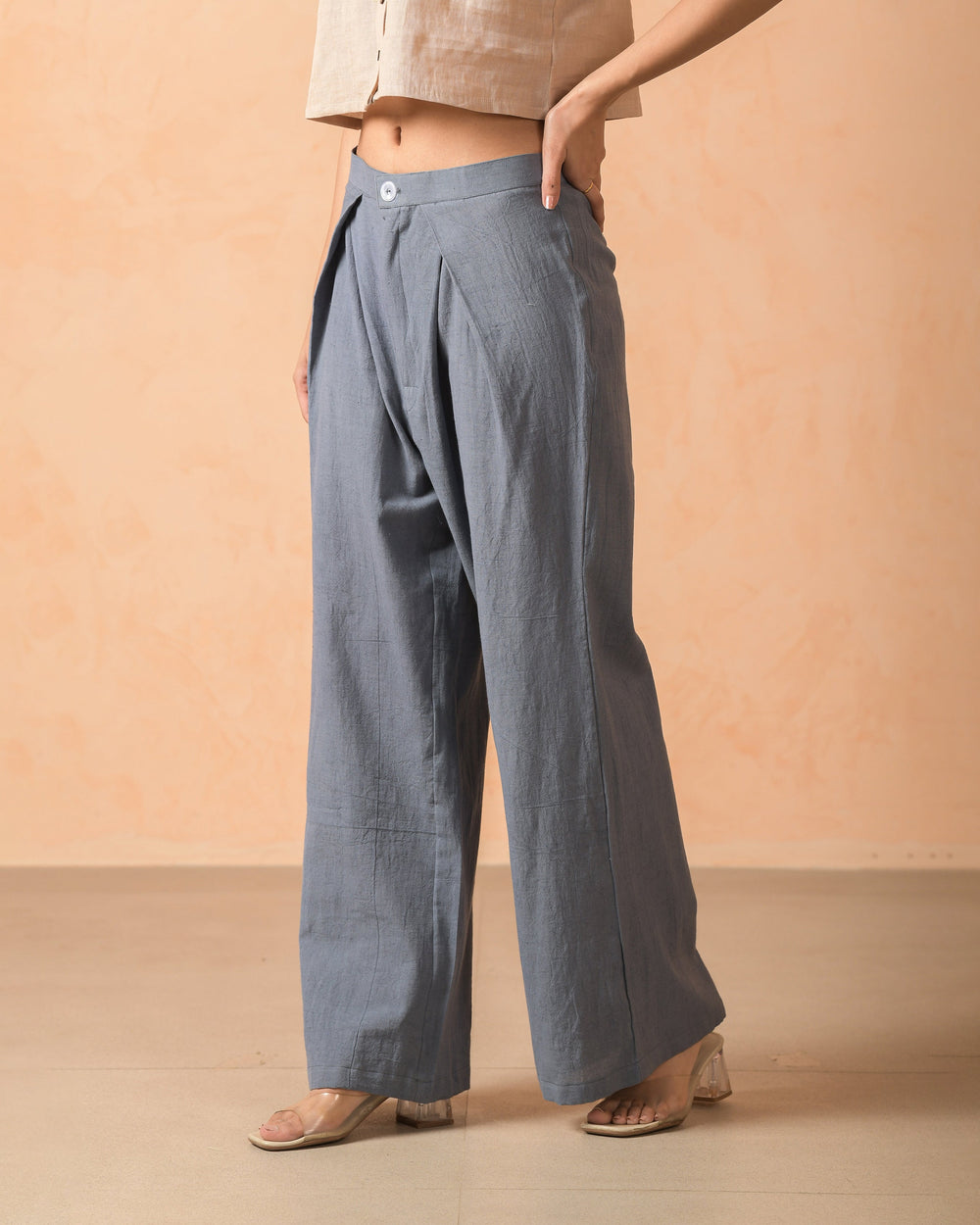 Mirel Grey Cotton Flex Solid Pleat Straight Pants