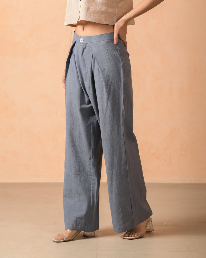Mirel Grey Cotton Flex Solid Pleat Straight Pants