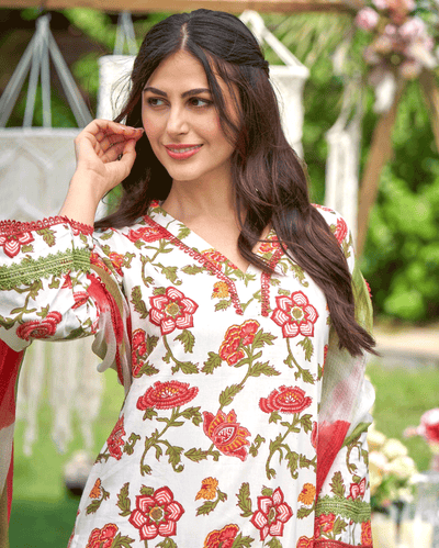 Sunrise Bloom Red Printed Cotton Suit Set