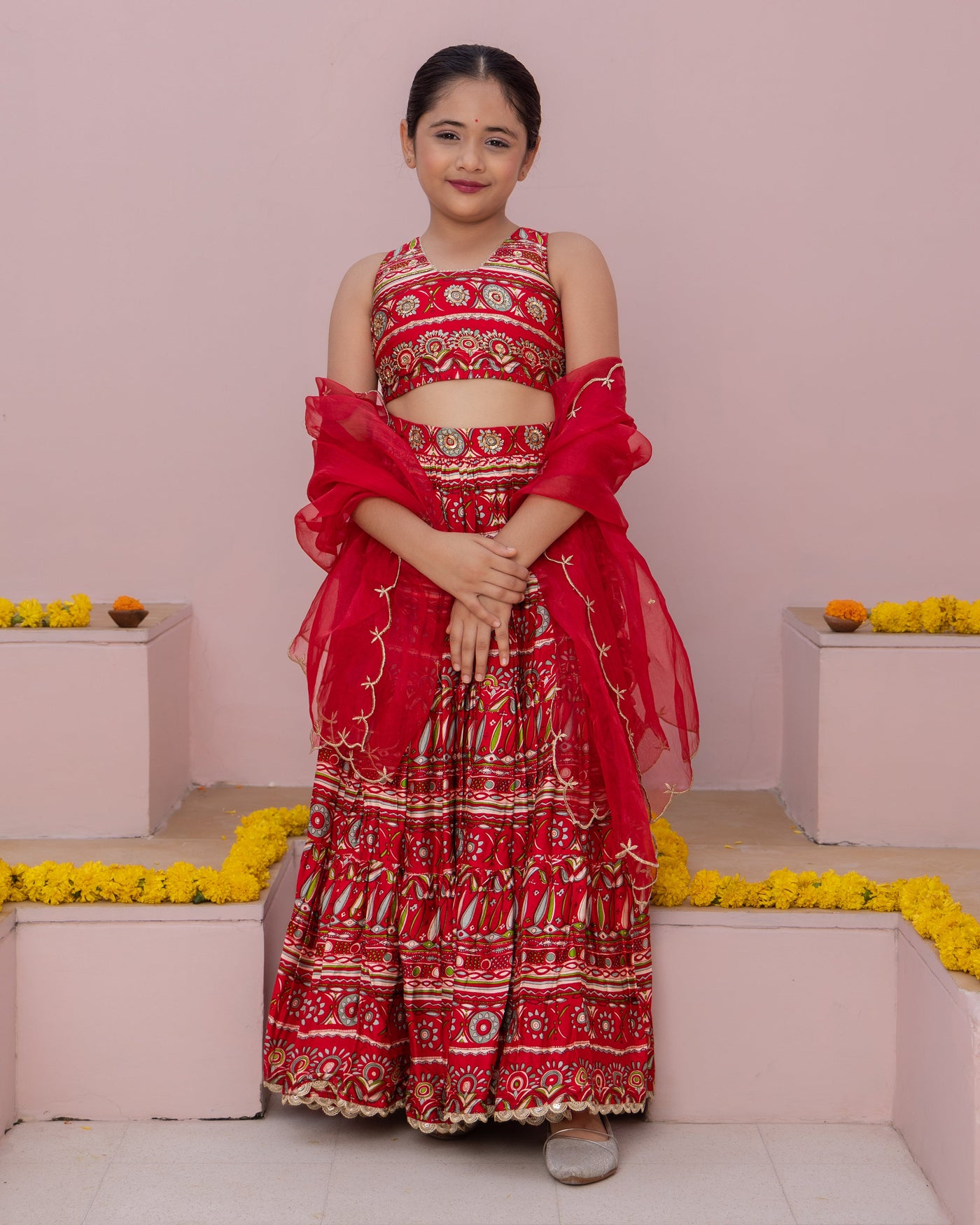 Nashra Red Printed Chanderi Lehenga Set
