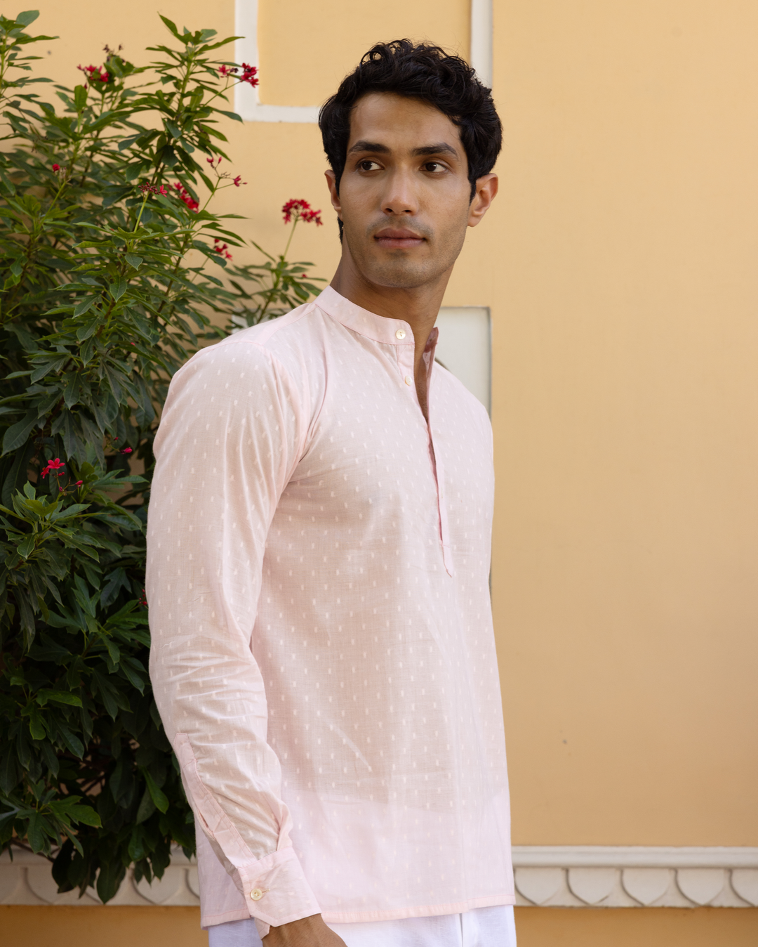 Ayaan Pink Solid Dobby Kurta