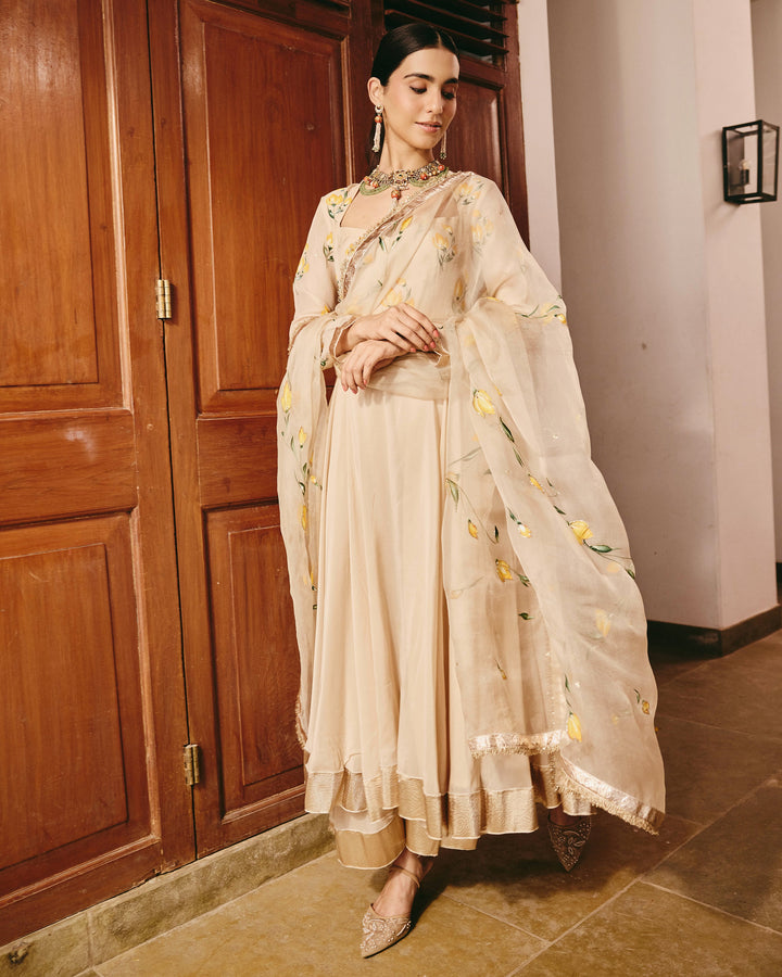 Ayzel Beige Handpainted Viscose Organza Suit Set