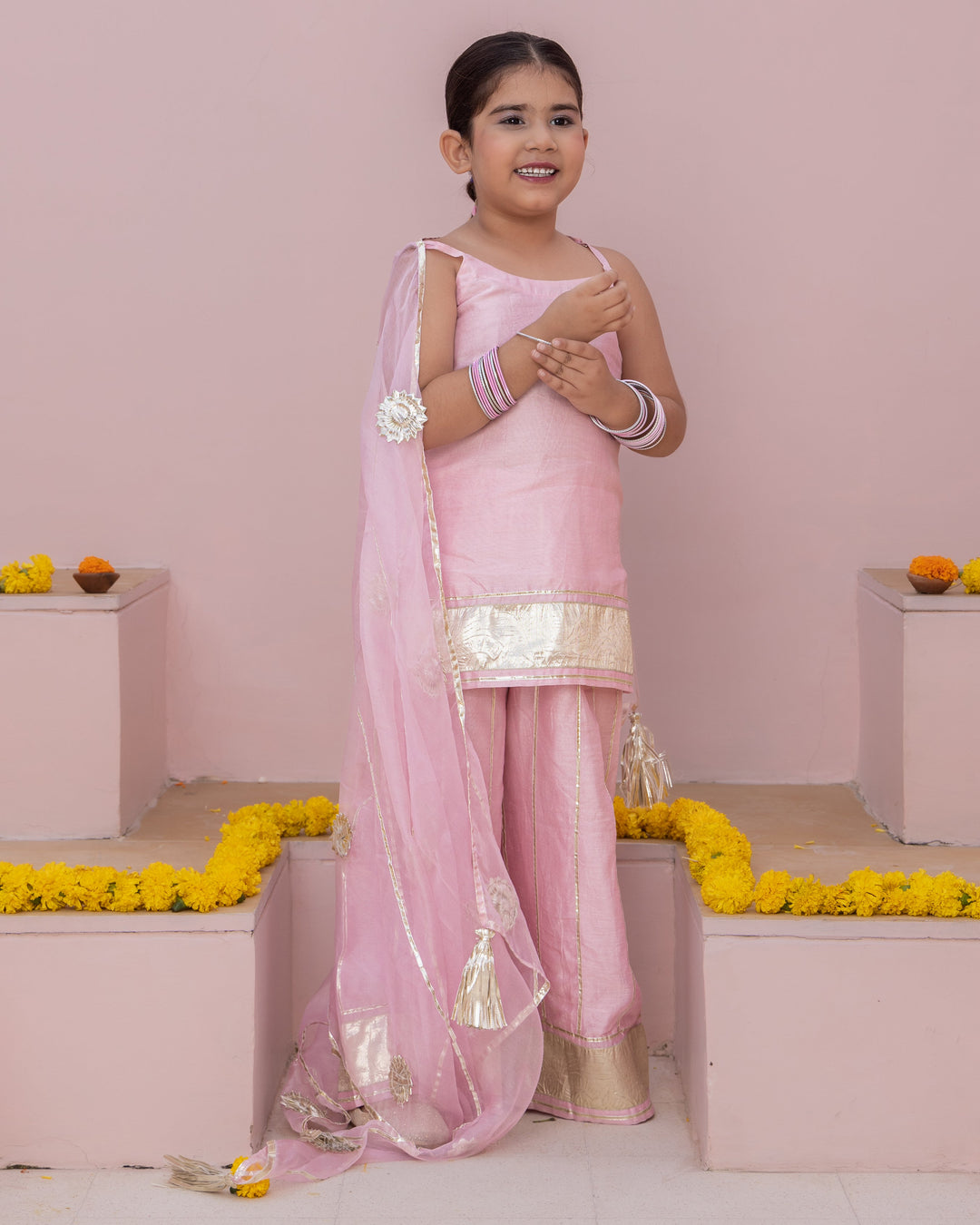 Mini Pink Solid Chanderi Suit Set