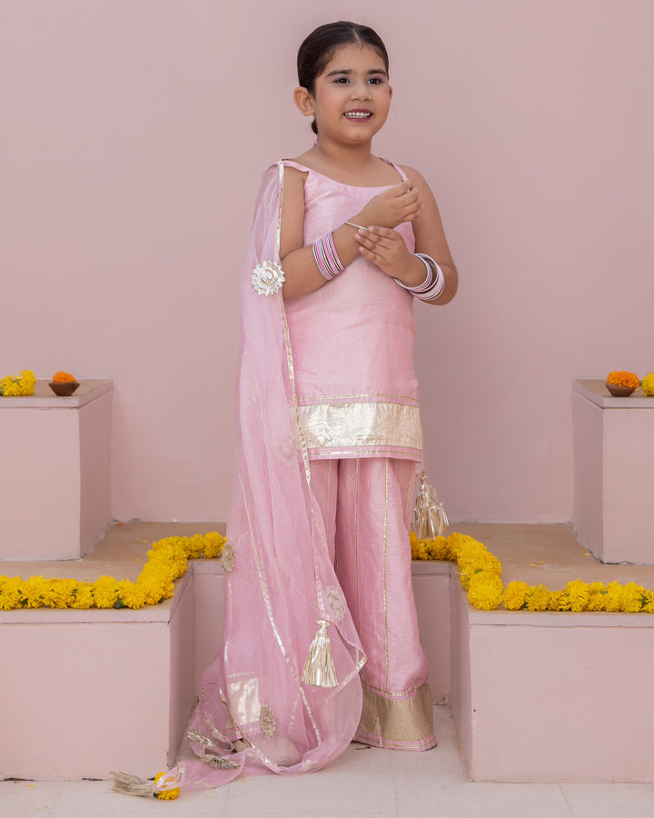 Mini Pink Solid Chanderi Suit Set