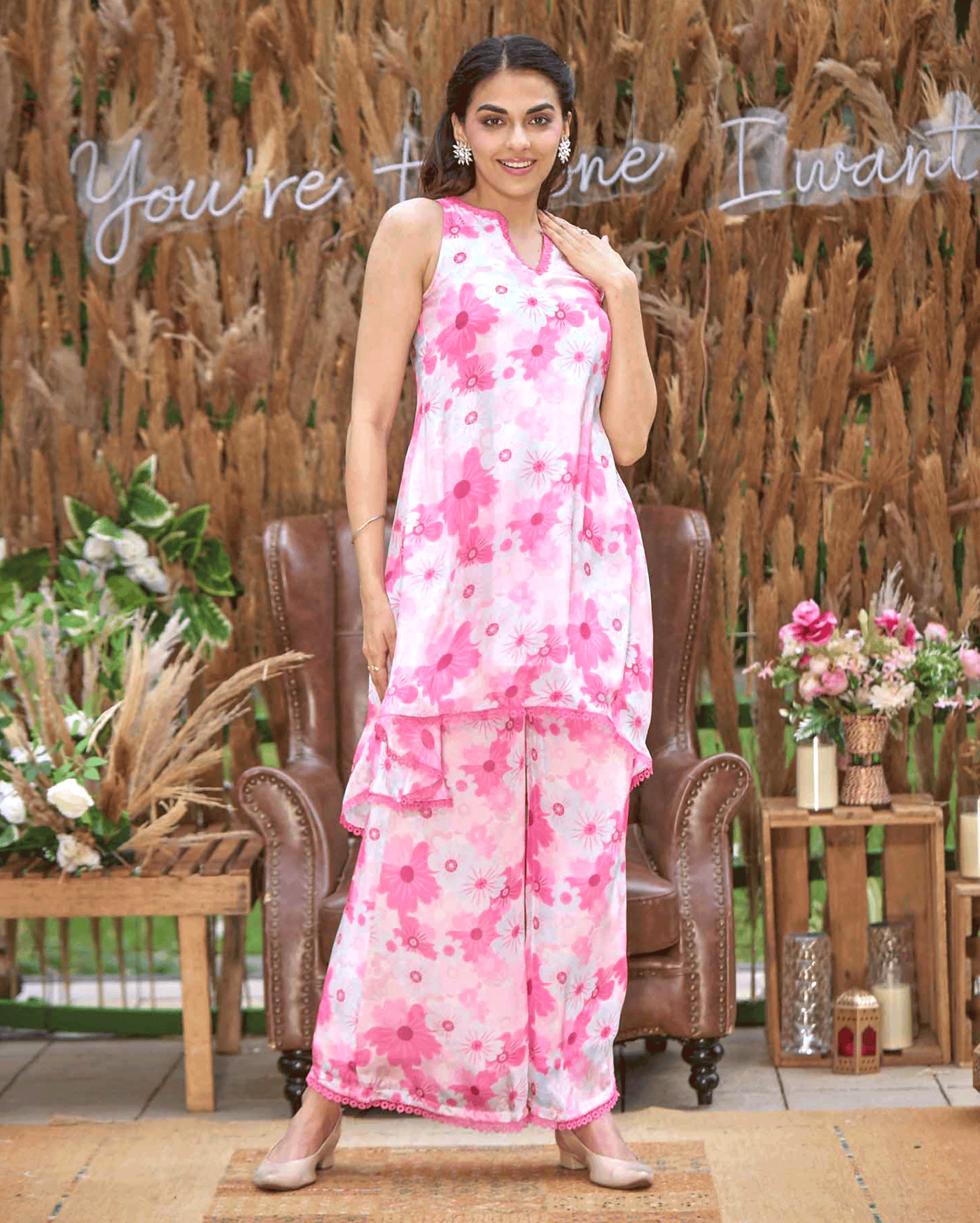 Blossam Pink Printed Silk Coord Set