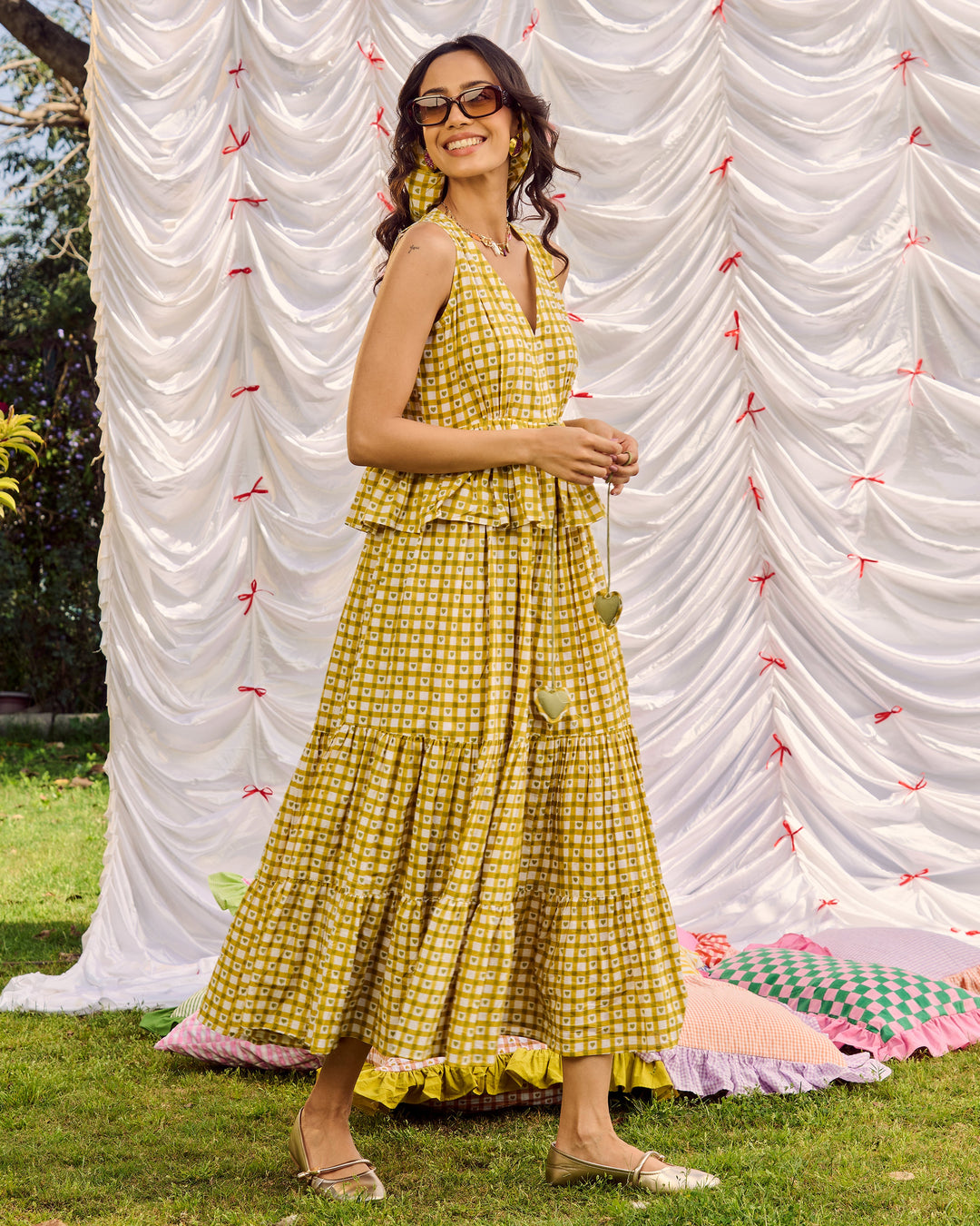 Emer Olive Cotton Checks Printed Dress