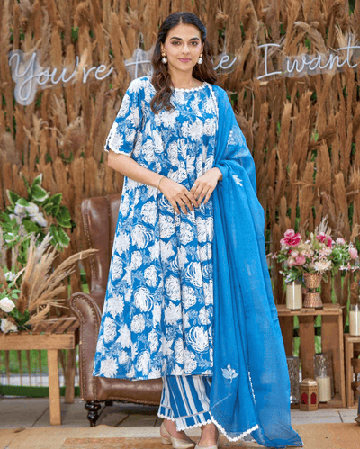 Anvika Blue Printed Cotton Suit Set