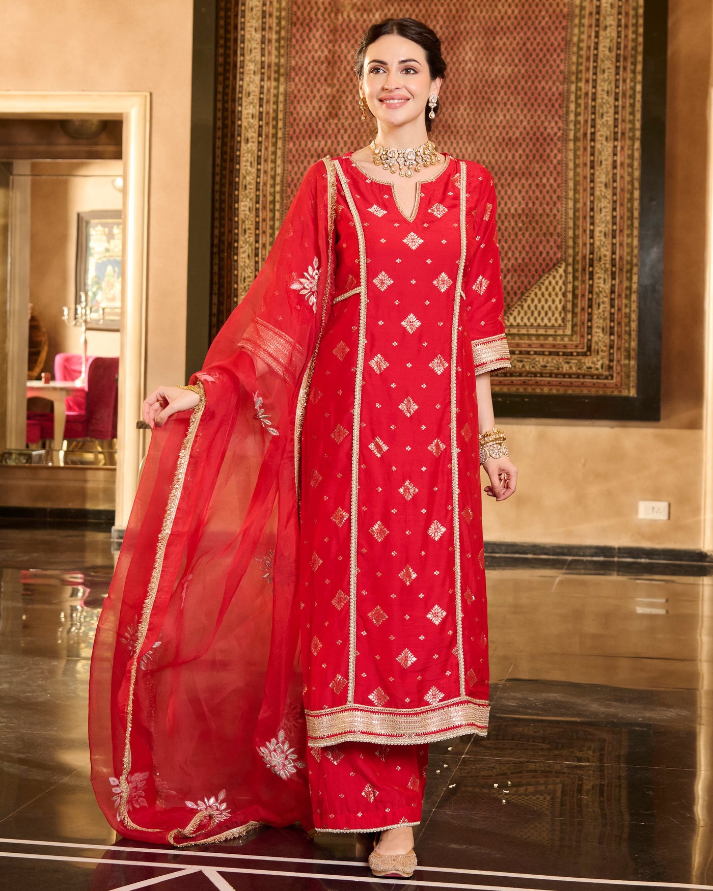 Jini Red Jacquard Suit Set