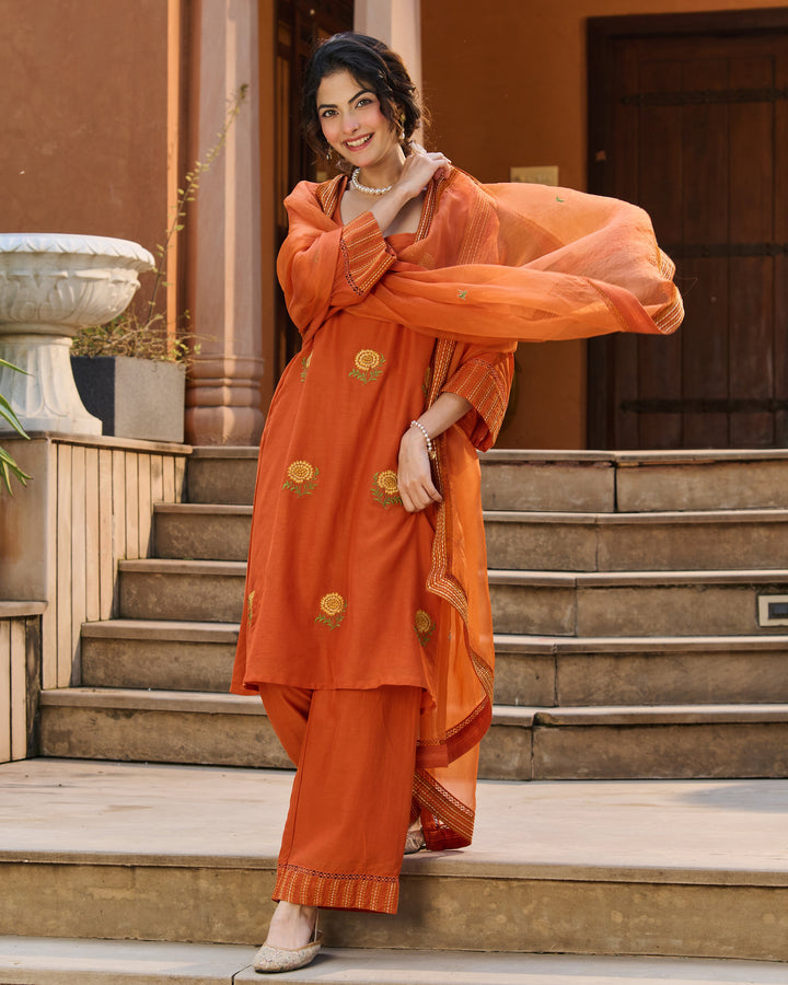 Nafees Orange Embroidered Chanderi Suit Set