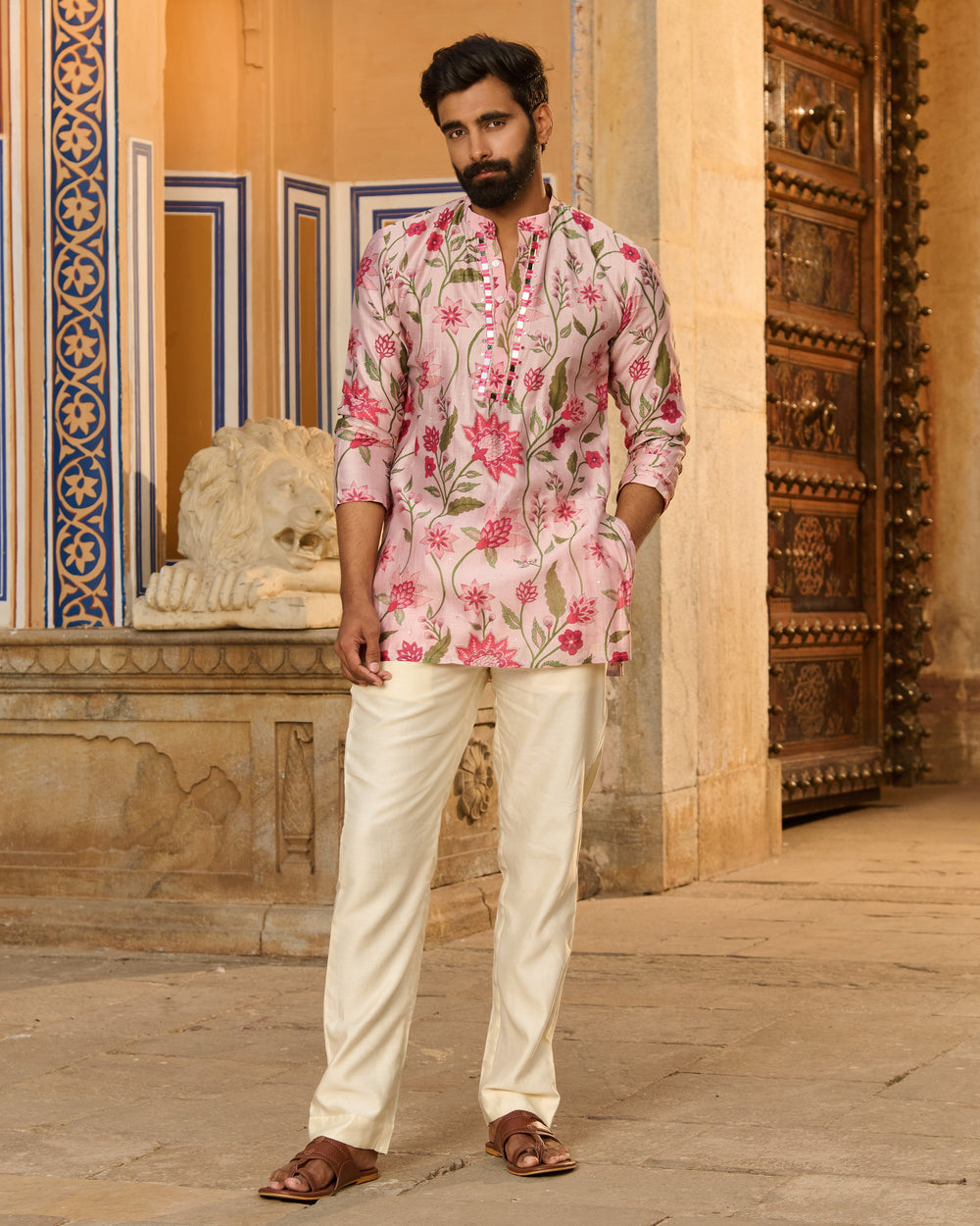 Anirudh Pink Printed Chanderi Kurta