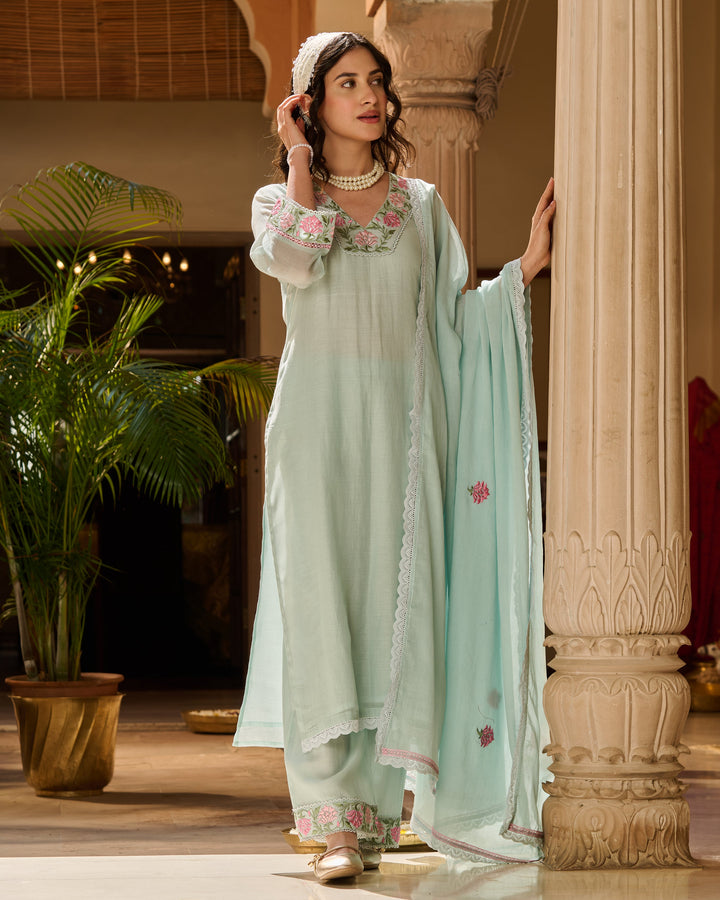 Neer Blue Embroidered Chanderi Suit Set