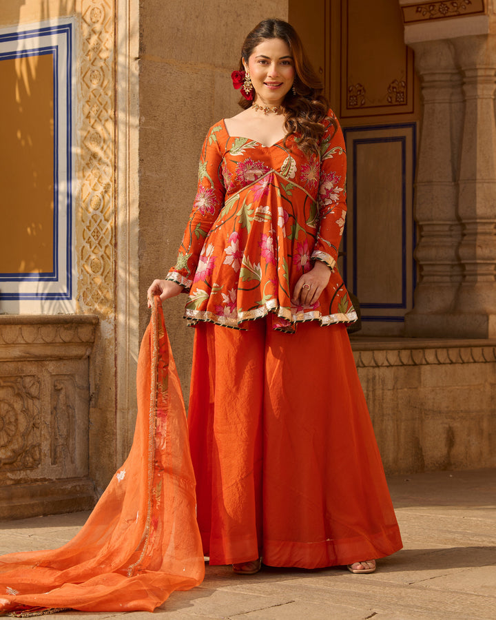Mehar Orange Printed Chanderi Suit Set