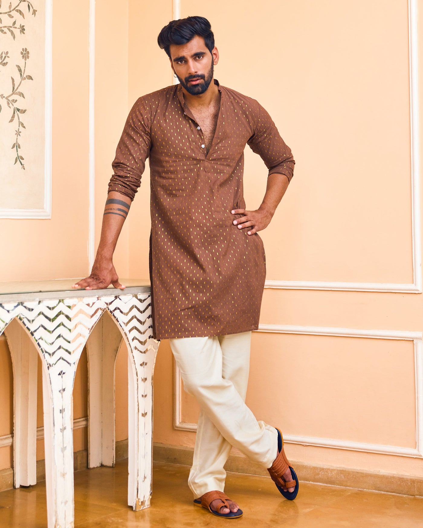 Anshumaan Brown Knitted Lurex Kurta