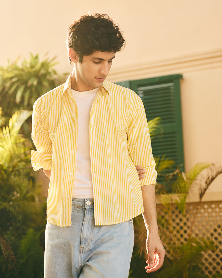 Lio Yellow Cotton Checks Stripes Shirt