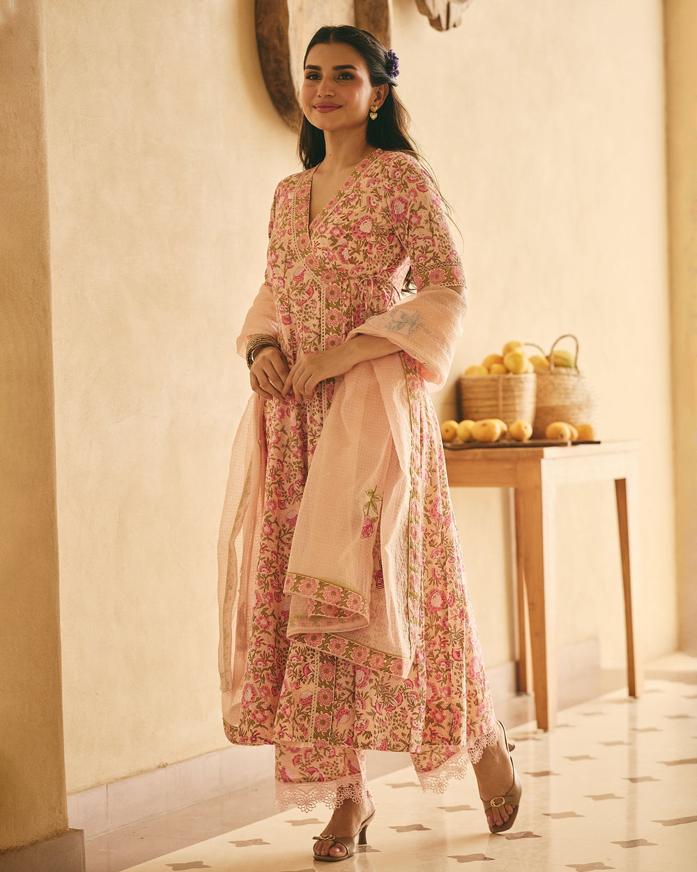 Dima Peach Cotton Printed Suit Set