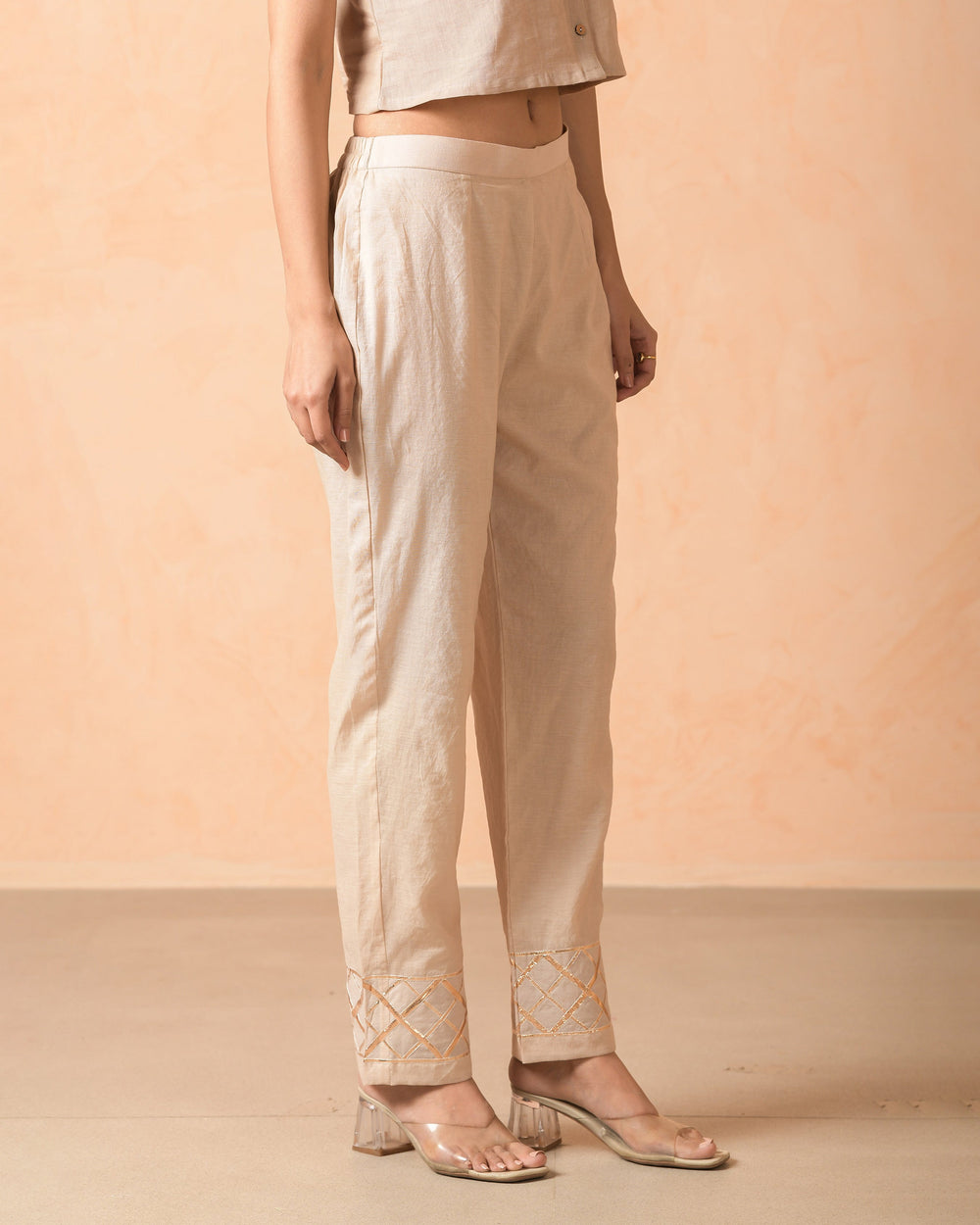 Shafa Beige Chanderi Gotapatti Straight Pants