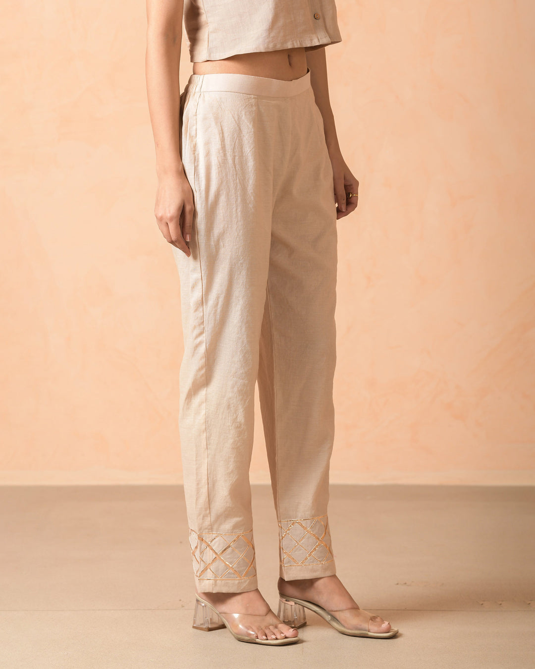 Shafa Beige Chanderi Gotapatti Straight Pants