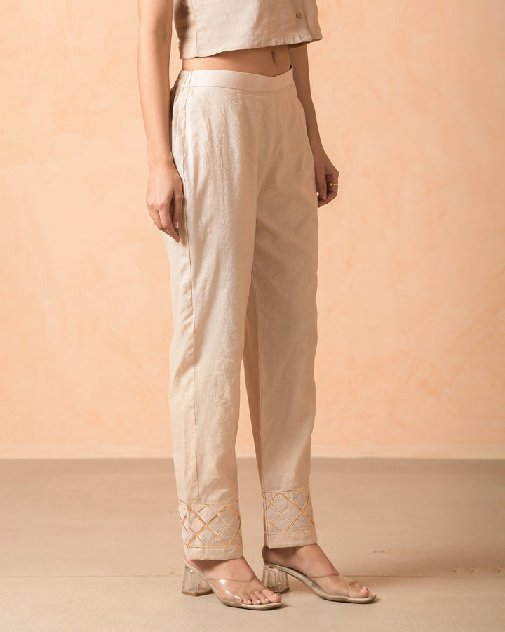 Shafa Beige Chanderi Gotapatti Straight Pants