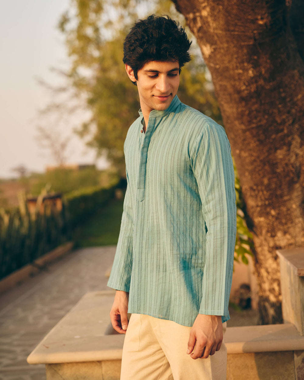 Beno Blue Cotton Dobby Embroidered Shirt