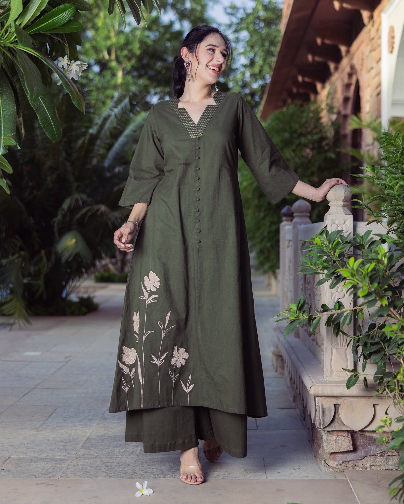 Forest Green Embroidered Cotton Kurta Set