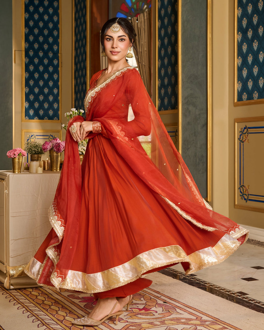 Deepashri Orange Embroidered Chanderi Suit Set